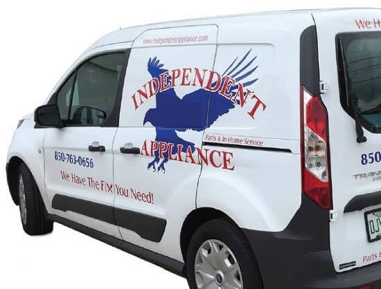 Independent Appliance service van with the red and blue eagle logo and the slogan We Have the Fix You Need